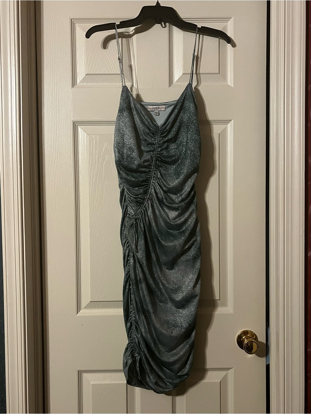 Guess Shimmer Teal Ruched Midi Slip Dress